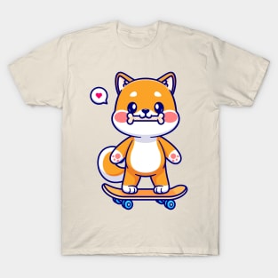 Cute Shiba Inu Bite Bone On Skateboard Cartoon T-Shirt